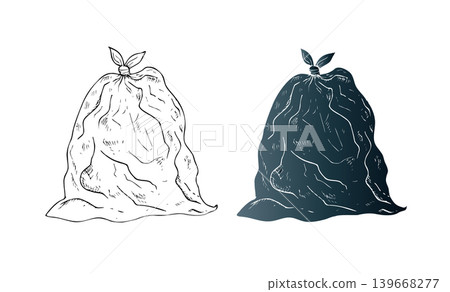 Vector bag of garbage. Graphic hand drawn black trash illustration isolated on background. Zero waste, sustainable living concept. For designer, Eco-Friendly, planting or ecology. Environmental, earth 139668277