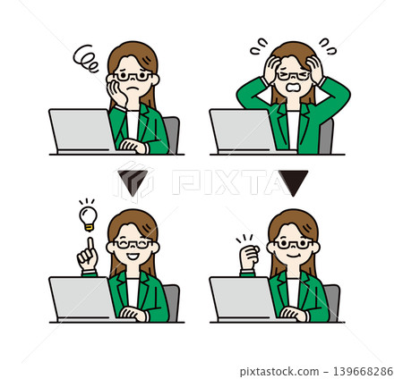 一組向量插圖,描繪了一位年輕女員工操作電腦解決或改進問題的上半身。 一組向量插圖,描繪了一位年輕女員工操作電腦解決或改進問題的上半身。 139668286