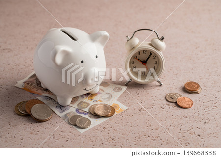 Piggy bank with alarm clock and coins, time to save money personal finance budgeting and financial planning concept 139668338