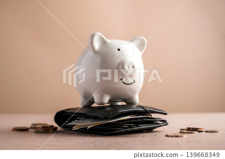 Piggy bank on wallet with cash and coins, savings personal finance wealth management and budgeting concept Piggy bank on wallet with cash and coins, savings personal finance wealth management and budgeting concept 139668349