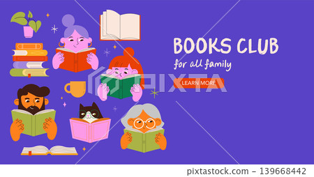 Book club for all family cute colorful vector poster and banner template. Doodles series for book Book club for all family cute colorful vector poster and banner template. Doodles series for book 139668442