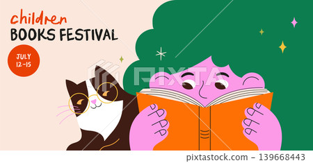 Young child and cat reading book colorful flat vector illustration and background. Children book Young child and cat reading book colorful flat vector illustration and background. Children book 139668443