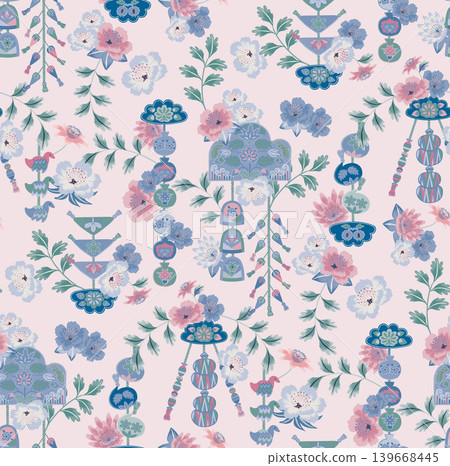 Traditional Korean Women's Accessory Pattern Design with Ornamental Elements and flowers. Seamless Vector Pattern for Love and Gratitude Season 139668445