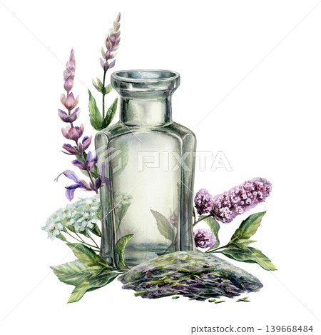 Sage, mint and yarrow with vintage glass bottle watercolor. Isolated apothecary jar, herbal bouquet and dry tea heap for organic calming beverage packaging, traditional medicine branding Sage, mint and yarrow with vintage glass bottle watercolor. Isolated apothecary jar, herbal bouquet and dry tea heap for organic calming beverage packaging, traditional medicine branding 139668484