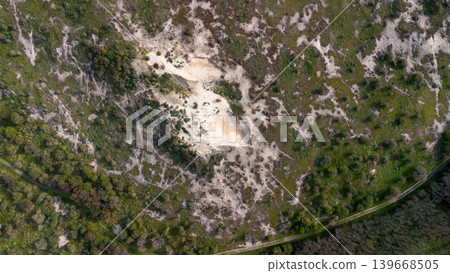 Top-down aerial view of coastal sand dunes covered in green scrub vegetation. Natural texture pattern of a dune landscape with animal tracks and small footprints in the sand. Top-down aerial view of coastal sand dunes covered in green scrub vegetation. Natural texture pattern of a dune landscape with animal tracks and small footprints in the sand. 139668505