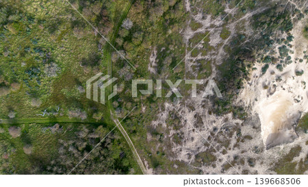 Top-down aerial view of coastal sand dunes covered in green scrub vegetation. Natural texture pattern of a dune landscape with animal tracks and small footprints in the sand. Top-down aerial view of coastal sand dunes covered in green scrub vegetation. Natural texture pattern of a dune landscape with animal tracks and small footprints in the sand. 139668506