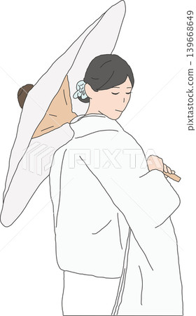 身穿白色和服、手持傳統日式雨傘的新娘。 身穿白色和服、手持傳統日式雨傘的新娘。 139668649