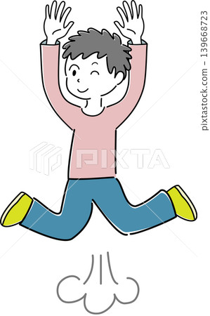 A simple full-body illustration of a man winking, smiling, and raising both hands (representing joy, achievement, energy, and a person). A simple full-body illustration of a man winking, smiling, and raising both hands (representing joy, achievement, energy, and a person). 139668723