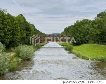 Old Rusty Metal Bridge Crossing River Green Forest Old Rusty Metal Bridge Crossing River Green Forest 139668746