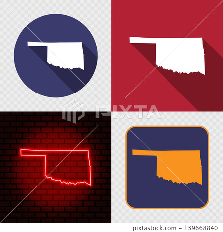 Oklahoma State Map Icons Set, USA Silhouette Collection in Flat, Minimal and Neon Styles. Oklahoma State Map Icons Set, USA Silhouette Collection in Flat, Minimal and Neon Styles. 139668840