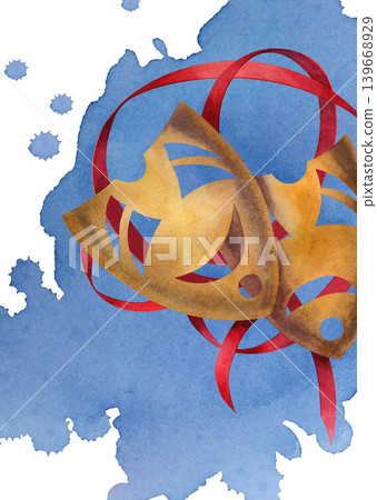 Golden theatrical comedy, drama masks with a red ribbon on a blue backdrop. Symbol, joy, sorrow. Package, invitation, goodie bag, gift tag, ticket, prints Watercolor illustration on a white background Golden theatrical comedy, drama masks with a red ribbon on a blue backdrop. Symbol, joy, sorrow. Package, invitation, goodie bag, gift tag, ticket, prints Watercolor illustration on a white background 139668929