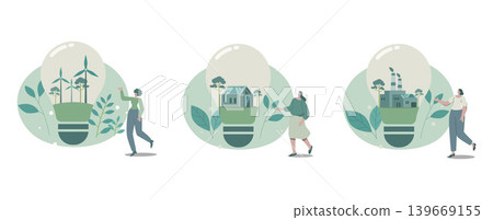 Set of eco friendly and sustainable development, Wind turbines, Energy saving homes and green factories in light bulbs with green trees, Ecological concept, Vector design illustration. Set of eco friendly and sustainable development, Wind turbines, Energy saving homes and green factories in light bulbs with green trees, Ecological concept, Vector design illustration. 139669155