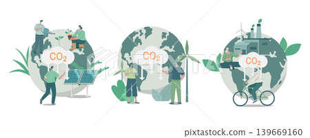 Set of climate change problem concepts. Environmentally friendly and sustainable development, Concept of reducing the amount of carbon dioxide, Vector design illustration. 139669160