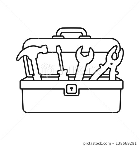 Toolbox icon in flat outline stroke style. Container with construction and repair instrument vector illustration on isolated background. Toolkit sign business concept. 139669281