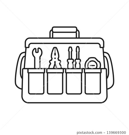 Toolbox icon in flat outline stroke style. Container with construction and repair instrument vector illustration on isolated background. Toolkit sign business concept. 139669300