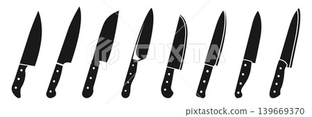 Kitchen knife icon set collection in flat silhouette style. Cutting tool vector illustration on isolated background. Cooking equipment sign business concept. Kitchen knife icon set collection in flat silhouette style. Cutting tool vector illustration on isolated background. Cooking equipment sign business concept. 139669370