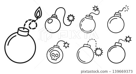 Bomb icon set collection in outline stroke flat style. Explosive bombshell vector illustration on isolated background. Grenade sign business concept. Bomb icon set collection in outline stroke flat style. Explosive bombshell vector illustration on isolated background. Grenade sign business concept. 139669373