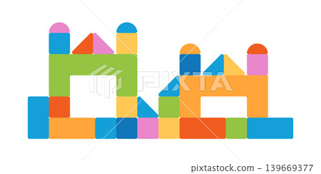 Toy wooden building blocks in flat style. Bricks jigsaw vector illustration on isolated background. Children educational game sign business concept. Toy wooden building blocks in flat style. Bricks jigsaw vector illustration on isolated background. Children educational game sign business concept. 139669377
