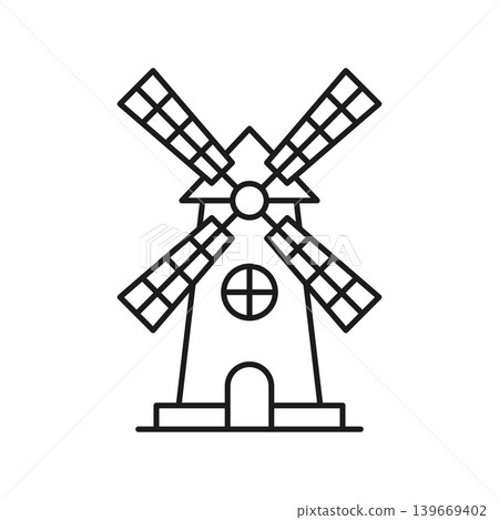 Windmill building icon in flat outline stroke style. Wind energy vector illustration on isolated background. Farming agriculture sign business concept. Windmill building icon in flat outline stroke style. Wind energy vector illustration on isolated background. Farming agriculture sign business concept. 139669402