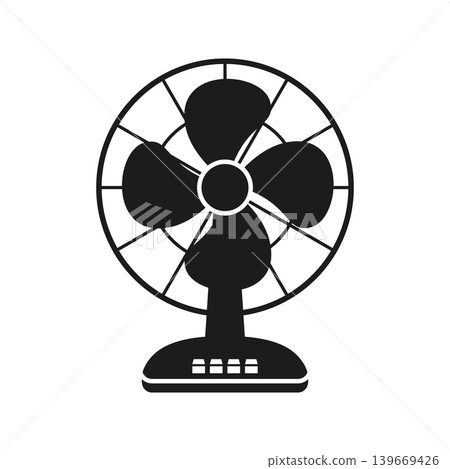 Electric fan silhouette icon in flat style. Cooler device vector illustration on isolated background. Air ventilator sign business concept. Electric fan silhouette icon in flat style. Cooler device vector illustration on isolated background. Air ventilator sign business concept. 139669426