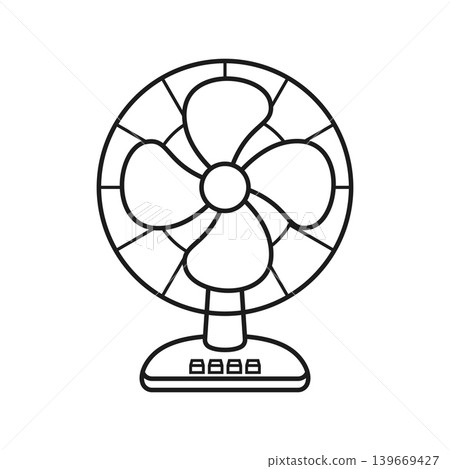 Electric fan silhouette icon in flat outline stroke style. Cooler device vector illustration on isolated background. Air ventilator sign business concept. 139669427