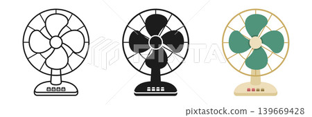 Electric fan silhouette icon set collection in flat style. Cooler device vector illustration on isolated background. Air ventilator sign business concept. Electric fan silhouette icon set collection in flat style. Cooler device vector illustration on isolated background. Air ventilator sign business concept. 139669428