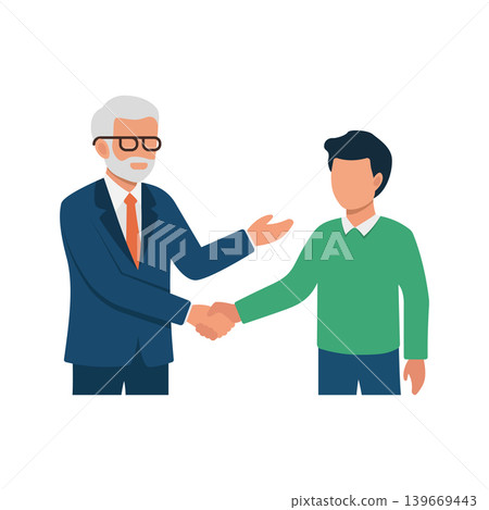 Two businessmen shaking hands icon in flat style. Teamwork vector illustration on isolated background. Leadership sign business concept. Two businessmen shaking hands icon in flat style. Teamwork vector illustration on isolated background. Leadership sign business concept. 139669443