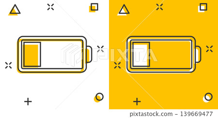 Battery charge icon in comic style. Power level cartoon vector illustration on white isolated background. Lithium accumulator splash effect business concept. 139669477