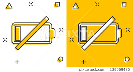 Battery charge icon in comic style. Power level cartoon vector illustration on white isolated background. Lithium accumulator splash effect business concept. Battery charge icon in comic style. Power level cartoon vector illustration on white isolated background. Lithium accumulator splash effect business concept. 139669480