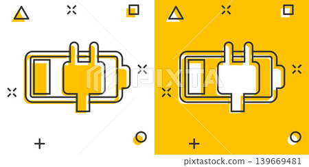 Battery charge icon in comic style. Power level cartoon vector illustration on white isolated background. Lithium accumulator splash effect business concept. Battery charge icon in comic style. Power level cartoon vector illustration on white isolated background. Lithium accumulator splash effect business concept. 139669481