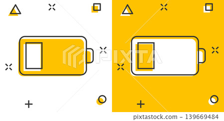 Battery charge icon in comic style. Power level cartoon vector illustration on white isolated background. Lithium accumulator splash effect business concept. Battery charge icon in comic style. Power level cartoon vector illustration on white isolated background. Lithium accumulator splash effect business concept. 139669484