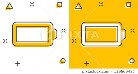 Battery charge icon in comic style. Power level cartoon vector illustration on white isolated background. Lithium accumulator splash effect business concept. Battery charge icon in comic style. Power level cartoon vector illustration on white isolated background. Lithium accumulator splash effect business concept. 139669485