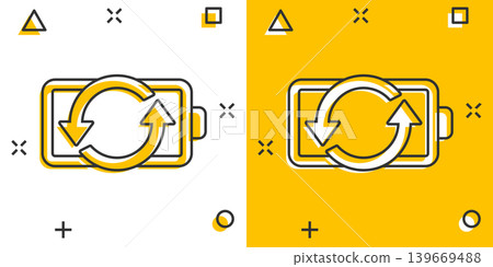 Battery charge icon in comic style. Power level cartoon vector illustration on white isolated background. Lithium accumulator splash effect business concept. Battery charge icon in comic style. Power level cartoon vector illustration on white isolated background. Lithium accumulator splash effect business concept. 139669488