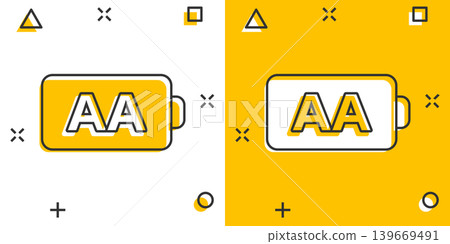 AA battery icon in comic style. Power level cartoon vector illustration on white isolated background. Lithium accumulator splash effect business concept. AA battery icon in comic style. Power level cartoon vector illustration on white isolated background. Lithium accumulator splash effect business concept. 139669491