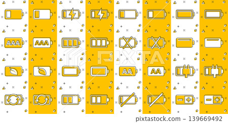 Battery charge icon set in comic style. Power level cartoon vector illustration on white isolated background. Lithium accumulator splash effect business concept. Battery charge icon set in comic style. Power level cartoon vector illustration on white isolated background. Lithium accumulator splash effect business concept. 139669492