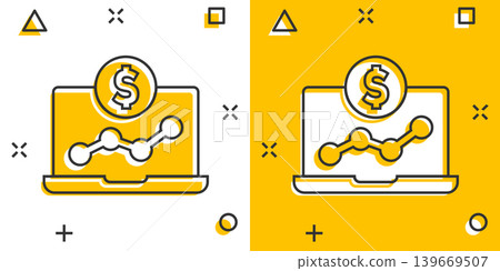 Laptop computer chart icon in comic style. Money diagram cartoon vector illustration on white isolated background. Financial process splash effect business concept. Laptop computer chart icon in comic style. Money diagram cartoon vector illustration on white isolated background. Financial process splash effect business concept. 139669507