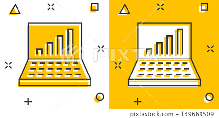 Laptop chart icon in comic style. SEO data cartoon vector illustration on white isolated background. Computer diagram splash effect business concept. Laptop chart icon in comic style. SEO data cartoon vector illustration on white isolated background. Computer diagram splash effect business concept. 139669509
