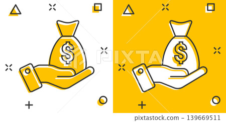 Remuneration icon in comic style. Money in hand cartoon vector illustration on white isolated background. Banknote payroll splash effect business concept. 139669511