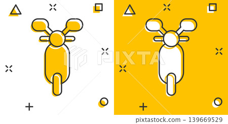 Motorbike icon in comic style. Scooter cartoon vector illustration on white isolated background. Moped vehicle splash effect business concept. Motorbike icon in comic style. Scooter cartoon vector illustration on white isolated background. Moped vehicle splash effect business concept. 139669529
