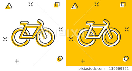 Bicycle icon in comic style. Bike cartoon vector illustration on white isolated background. Cycle travel splash effect business concept. Bicycle icon in comic style. Bike cartoon vector illustration on white isolated background. Cycle travel splash effect business concept. 139669531