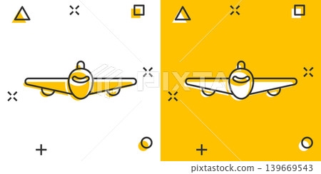 Plane icon in comic style. Airplane cartoon vector illustration on white isolated background. Flight airliner splash effect business concept. Plane icon in comic style. Airplane cartoon vector illustration on white isolated background. Flight airliner splash effect business concept. 139669543