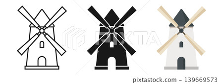 Windmill building icon set collection in flat style. Wind energy vector illustration on isolated background. Farming agriculture sign business concept. 139669573