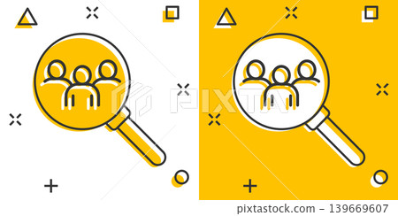 Search job vacancy icon in comic style. Loupe career cartoon vector illustration on white isolated background. Find people employer splash effect business concept. Search job vacancy icon in comic style. Loupe career cartoon vector illustration on white isolated background. Find people employer splash effect business concept. 139669607