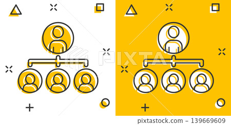Corporate organization chart people vector icon in comic style. People cooperation cartoon illustration on white background. Teamwork splash effect business concept. Corporate organization chart people vector icon in comic style. People cooperation cartoon illustration on white background. Teamwork splash effect business concept. 139669609