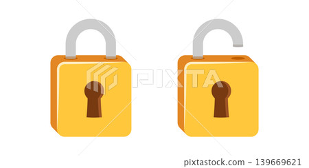 Locked and unlocked padlock icon in flat style. Privacy vector illustration on isolated background. Protection and secure sign business concept. Locked and unlocked padlock icon in flat style. Privacy vector illustration on isolated background. Protection and secure sign business concept. 139669621