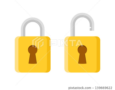 Locked and unlocked padlock icon in flat style. Privacy vector illustration on isolated background. Protection and secure sign business concept. Locked and unlocked padlock icon in flat style. Privacy vector illustration on isolated background. Protection and secure sign business concept. 139669622