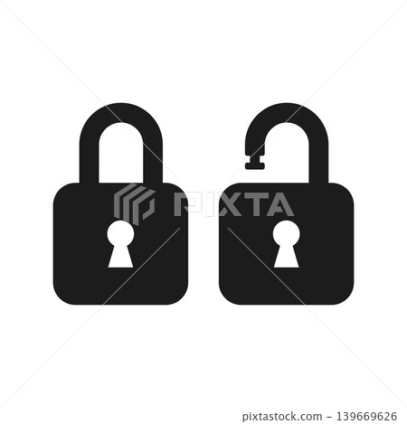Locked and unlocked padlock icon in flat style. Privacy vector illustration on isolated background. Protection and secure sign business concept. Locked and unlocked padlock icon in flat style. Privacy vector illustration on isolated background. Protection and secure sign business concept. 139669626
