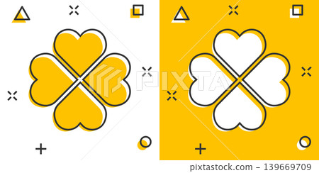 Four leaf clover icon in comic style. St Patricks Day cartoon vector illustration on white isolated background. Flower shape splash effect business concept. 139669709