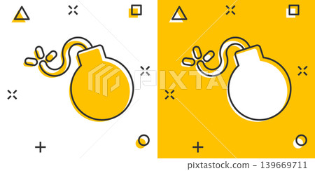 Bomb icon in comic style. Dynamite cartoon vector illustration on white isolated background. C4 tnt splash effect business concept. Bomb icon in comic style. Dynamite cartoon vector illustration on white isolated background. C4 tnt splash effect business concept. 139669711
