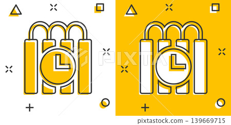 Bomb icon in comic style. Dynamite cartoon vector illustration on white isolated background. C4 tnt splash effect business concept. Bomb icon in comic style. Dynamite cartoon vector illustration on white isolated background. C4 tnt splash effect business concept. 139669715